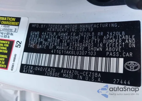 2020 Toyota Camry Se from USA, damaged, VIN 4T1G11AK6LU307103